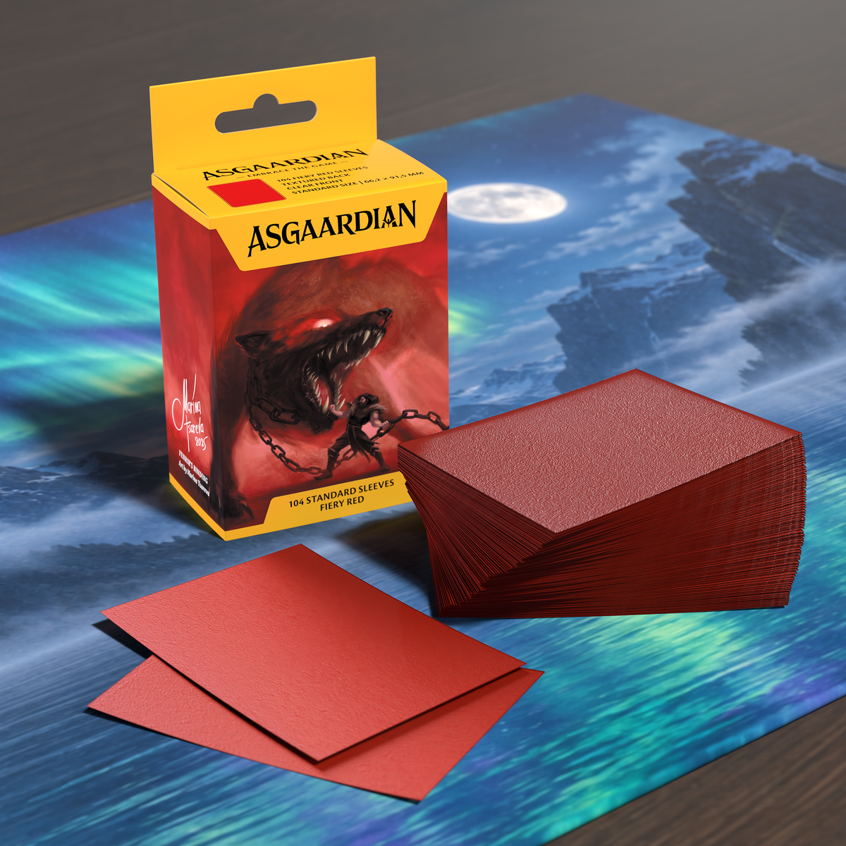Asgaardian 1102 Fiery Red standard card sleeves on a playmat: retail box of 104, a stack of sleeves and two loose sleeves