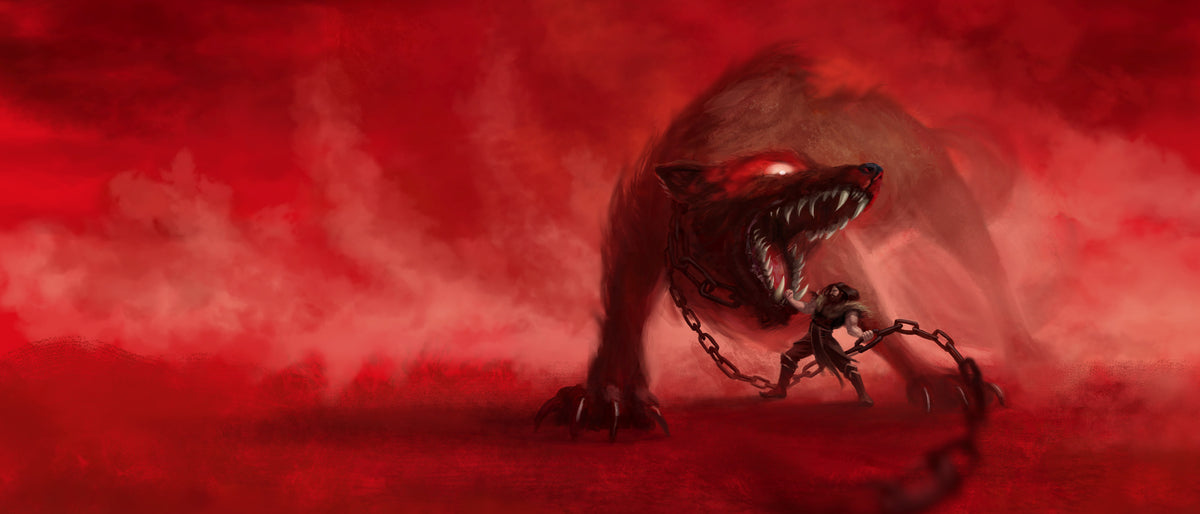 Asgaardian artwork: a warrior facing a giant chained wolf in red mist