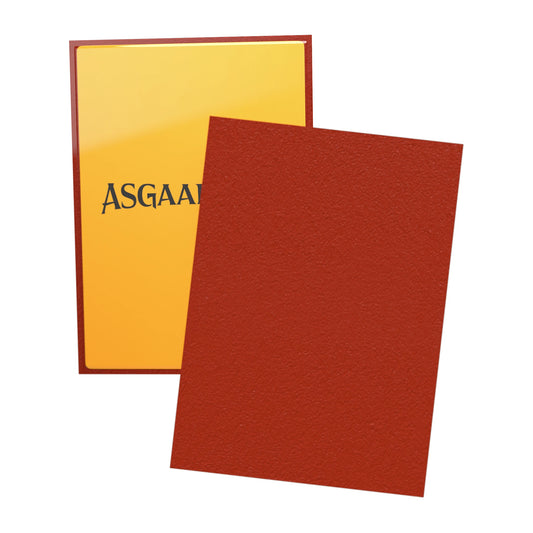 Asgaardian 1102 Fiery Red sleeve: clear front over a card, and the textured red back