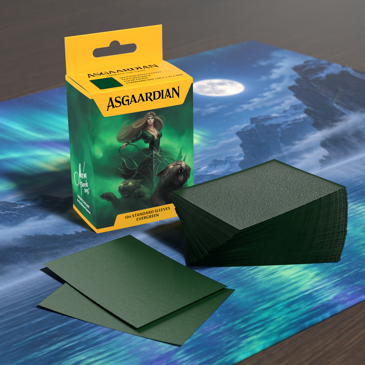 Asgaardian 1104 Evergreen standard card sleeves on a playmat: retail box of 104, a stack of sleeves and two loose sleeves