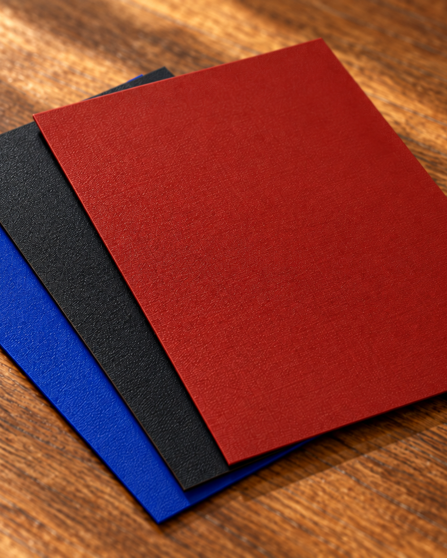 Three Asgaardian sleeves in Fiery Red, Pure Black and Royal Blue, fanned flat to show colour and texture